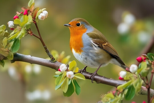 Cute small robin on a flowery berry branch at spring, generative ai 