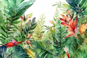 Tropical watercolor with seamless flora illustrations. Generative AI
