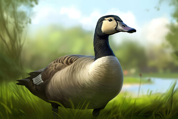 duck standing on top of a lush green field, generative ai 