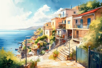A sunny watercolor painting of a charming Greek street, flanked by colorful homes with the sea in the backdrop. Generative AI