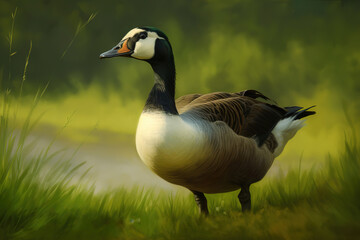 Obraz premium duck standing on top of a lush green field, generative ai 