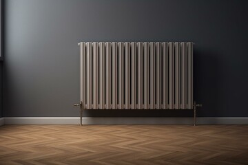 Illustration of a wood floor with a grey wall background and a radiator. Generative AI