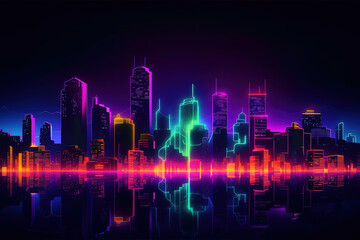 Fototapeta na wymiar Futuristic night city. Cityscape on a dark background with bright and glowing neon lights. panorama with modern buildings and skyscrapers. Cyberpunk and retro wave style, generative ai 
