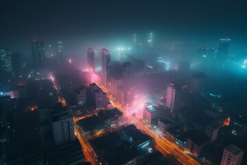 City engulfed in dense fog with brightly lit neon lights. Generative AI