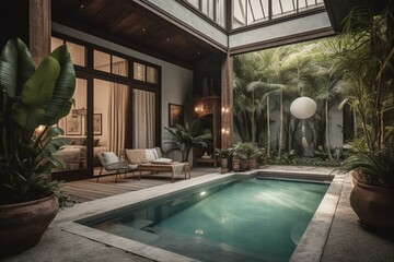 Tropical pool villa with garden, bedroom view, and stunning designs. Generative AI