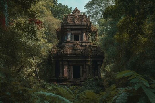 An old Hindu temple surrounded by dense foliage. Generative AI