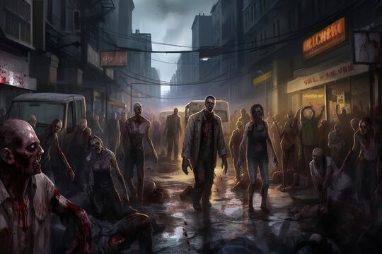 group of zombies walking down a street, apocalypse, generative ai 