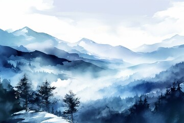 Blue watercolor landscape illustration. Generative AI