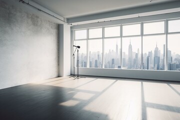 Bright minimal studio with wide view of skyscrapers. Blank wall. Generative AI