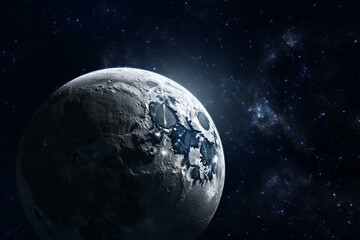 A moon orbiting a planet amidst a starry backdrop. Generative AI