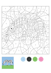 Number coloring page for preschool children with cute cartoon zebra. Color by number worksheet. African animals. Educational game.
