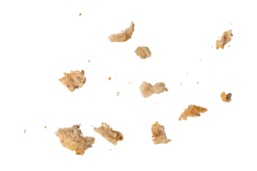 Papier Peint photo autocollant Boulangerie Crumbs of fresh whole grain bread isolated on white background. Isolate crumbs of different sizes for insertion into a design or project.