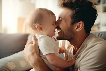 Fototapeten Portrait of a smiling loving dad with a cute happy baby at home created with Generative AI © Goffkein