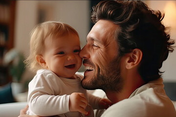 Portrait of a smiling loving dad with a cute happy baby at home created with Generative AI