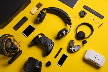 Online shopping for electronics in a modern promotion period. Includes phone, VR, headphones, drone, and credit card on a yellow background. Generative AI