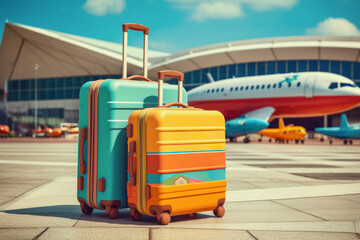 colored suitcases on the background of the airport and airplane, Generative AI