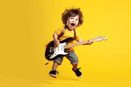 Jumping child playing guitar and singing on a yellow background created with Generative AI technology