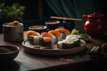 Japanese cuisine featuring bite-sized rolls of rice and seafood or vegetables. Generative AI