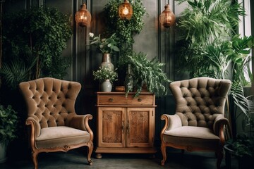 Cozy armchairs amidst lush greenery and vases on wooden cabinet. Generative AI