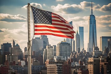 A US American flag flying from a flag pole with New York in the background. Daytime with natural light.