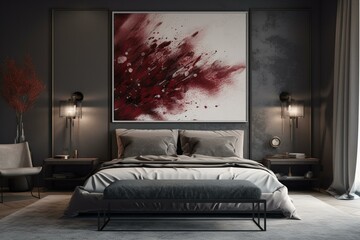 Spacious, light master bedroom with large gray bed. Burgundy, black, grey, and white contrast with art accent wall. Elegant design. Generative AI