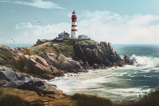 An oil painted illustration of a lighthouse on the coastal shore. Generative AI
