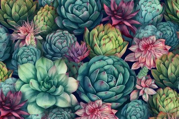Seamless pattern of watercolor cacti and succulents. Generative AI