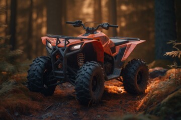 A powerful four-wheel all-terrain bike in red-orange color with an ATV in the forest. Generative AI