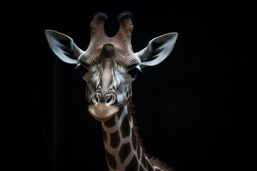 Adorable giraffe up close against dark background. Generative AI