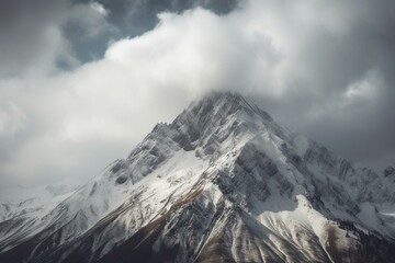 Snowy Caucasus mountain landscape with rocky peak on cloudy ski day. Generative AI