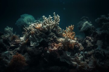 Fototapeta na wymiar Reef submerged in darkness below the waves. Generative AI