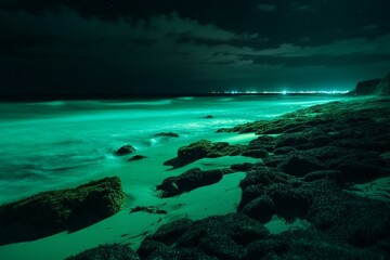 Blue-green fluorescence on night beach. Generative AI