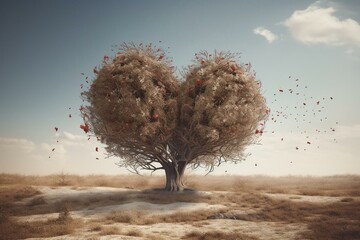 Isolated tree with heart for wedding guestbook; leafless. Generative AI