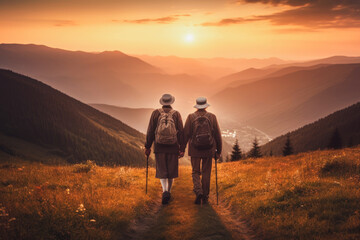 Fototapeta na wymiar elderly loving couple people traveling in the mountains at sunset. mountains and sky background. View of the back, Generative AI
