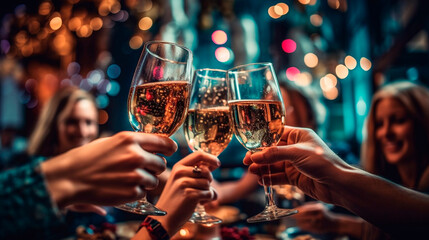 Celebratory Toast: Group of Friends Raising Glasses of Sparkling Champagne in Joyful Gathering. Generative AI. - obrazy, fototapety, plakaty