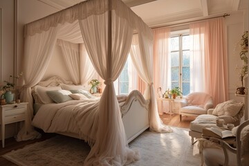 Cozy dreamy bedroom with soft, pastel colors, flowing curtains, and a canopy bed, creating a serene and romantic atmosphere - Generative AI