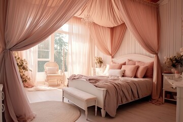 Cozy dreamy bedroom with soft, pastel colors, flowing curtains, and a canopy bed, creating a serene and romantic atmosphere - Generative AI