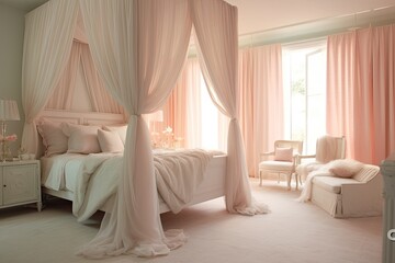 Fototapeta premium Cozy dreamy bedroom with soft, pastel colors, flowing curtains, and a canopy bed, creating a serene and romantic atmosphere - Generative AI