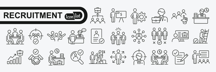 Recruitment web icons in line style. Headhunting, career, resume, work group, candidate, job hiring, collection. Vector illustration.