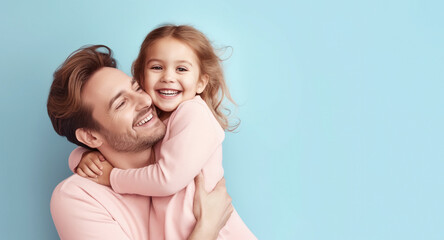 Happy Fathers Day banner background with a young dad and little daughter hugging and laughing in front of a blue background with copy space, AI generated - obrazy, fototapety, plakaty