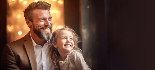 Fototapeta premium Dad and daughter laughing together in a nice scene for Father's Day banner background with copy space