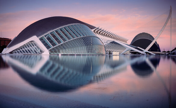 Valencia, Spain: City of Arts and Science Hemisferic, a modern building with an ovoid roof designed by Santiago Calatrava
