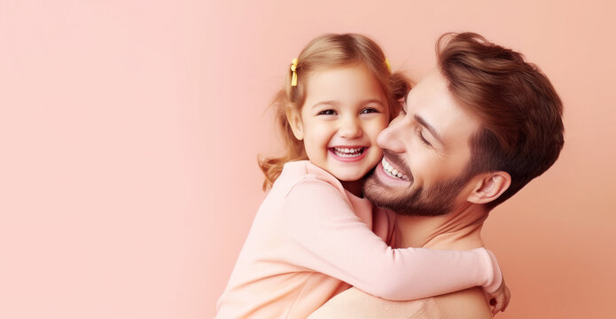 Happy Fathers Day flyer background template with a father and daughter hugging and smiling in front of a pink background with copy space, AI generated