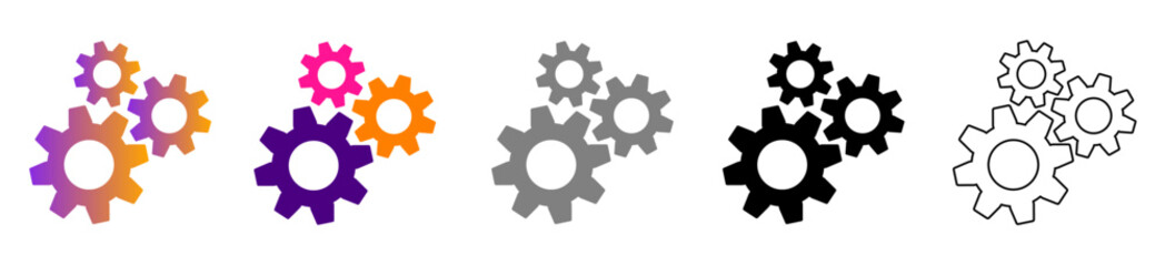 Setting gears icon. Gears of many colors and different designs. Gear set. Cogwheel group. Gear design collection on white background. Vector illustration.