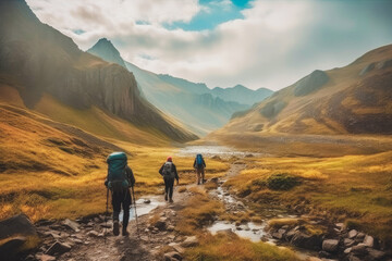 Fototapeta premium Hikers walk along a trail in the mountains against the backdrop of mountains. View of the back, Generative AI