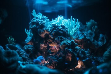 A coral reef illuminated by blue underwater lights. Generative AI