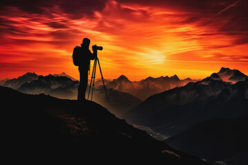 silhouette of a photographer against the backdrop of mountains at sunset, Generative Ai