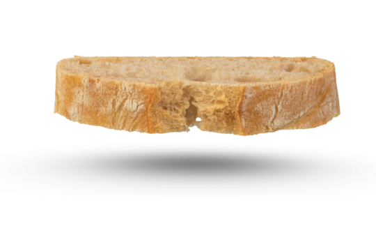 A slice of Italian ciabatta bread on a white isolated background. Breakfast sandwich mockup. Slice of diet Italian sandwich for breakfast.