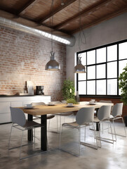 dining table takes center stage in a modern loft setting with an emphasis on functionality. The background showcases a combination of exposed brick walls