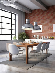 dining table takes center stage in a modern loft setting with an emphasis on functionality. The background showcases a combination of exposed brick walls